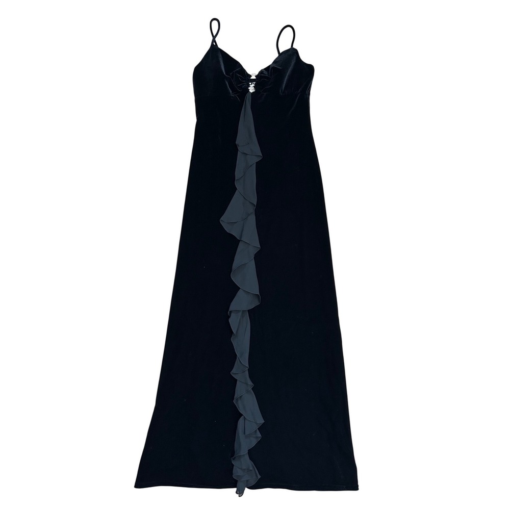 Vintage Velvet Evening Gown Black Ruffle Rhinestone Maxi Dress whimsigoth witchy